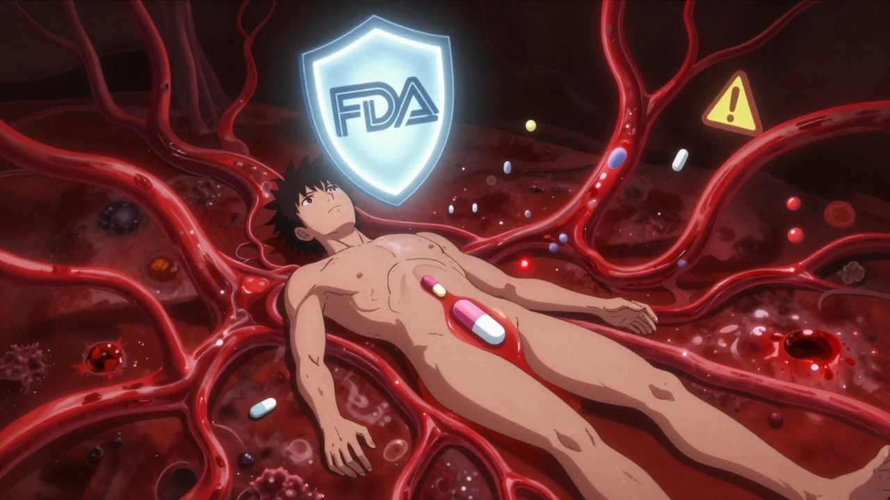 Generic drug dissolving in bloodstream surrounded by hidden threats, protected by a glowing FDA shield.
