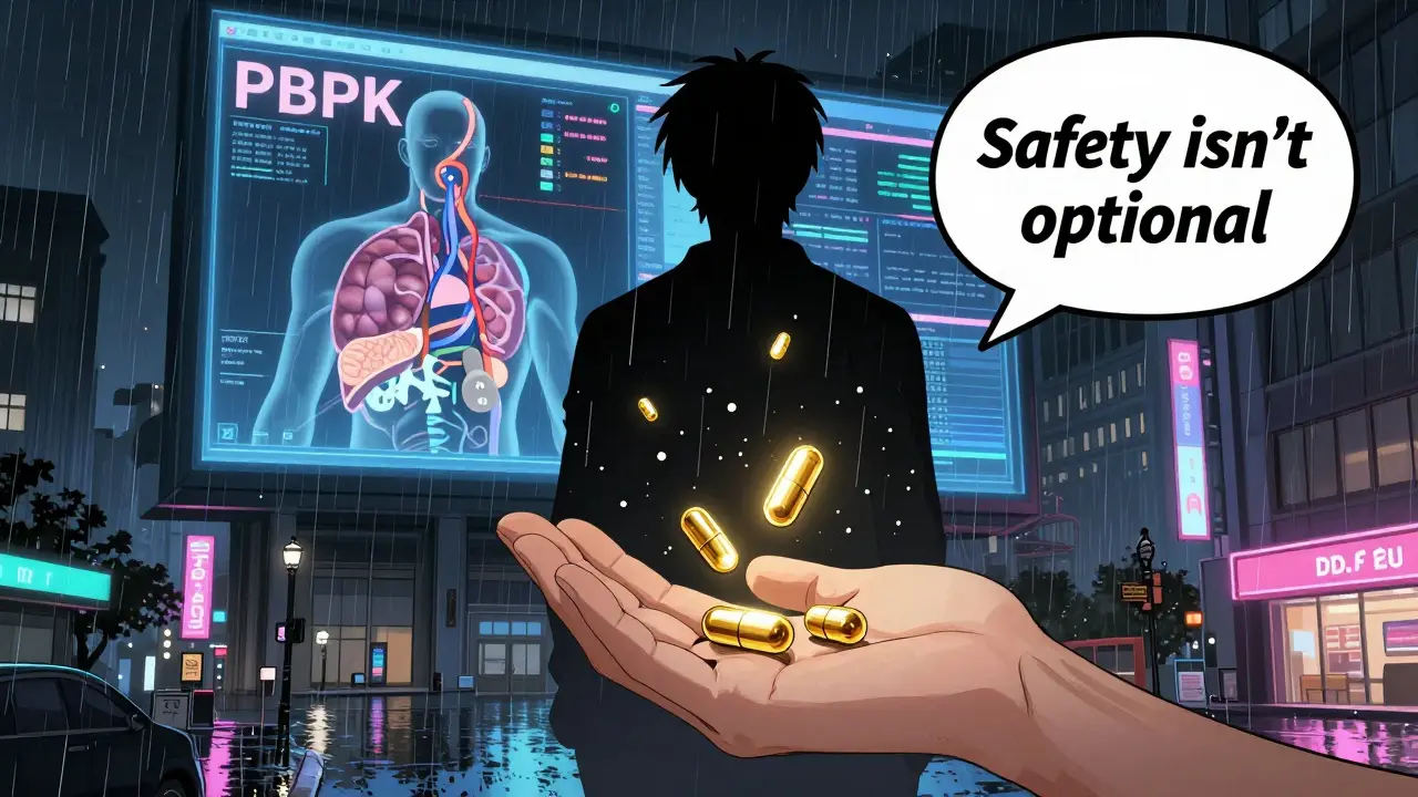 Gold-certified NTI generics landing safely in a patient's hand while PBPK simulations glow behind a FDA building.