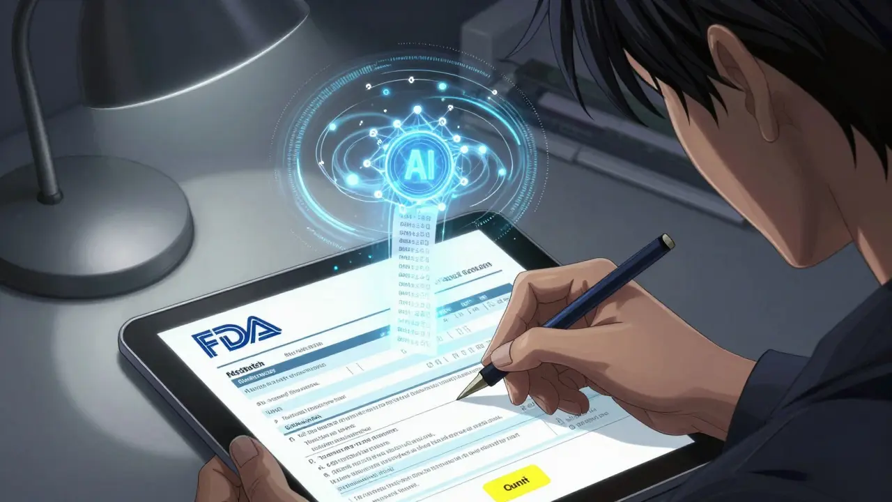 Hand completing FDA MedWatch form with digital data streams in background.