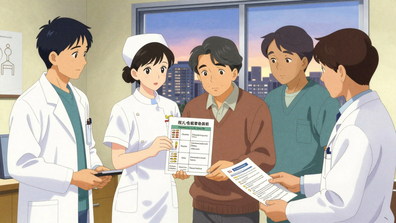 Healthcare team collaborates with a patient in a clinic, showing simplified medication options and support resources.