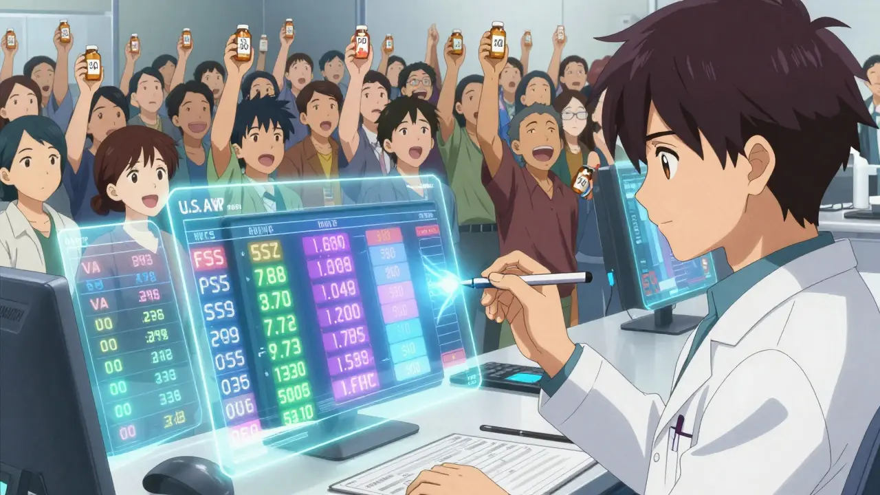 Holographic drug pricing data being corrected by a policymaker as patients rise behind them.