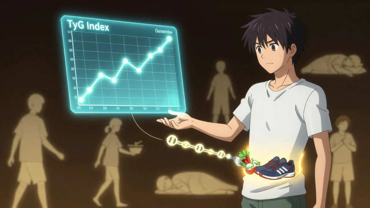 Holographic TyG Index chart connected to a shrinking waistline, with healthy lifestyle symbols glowing around it.