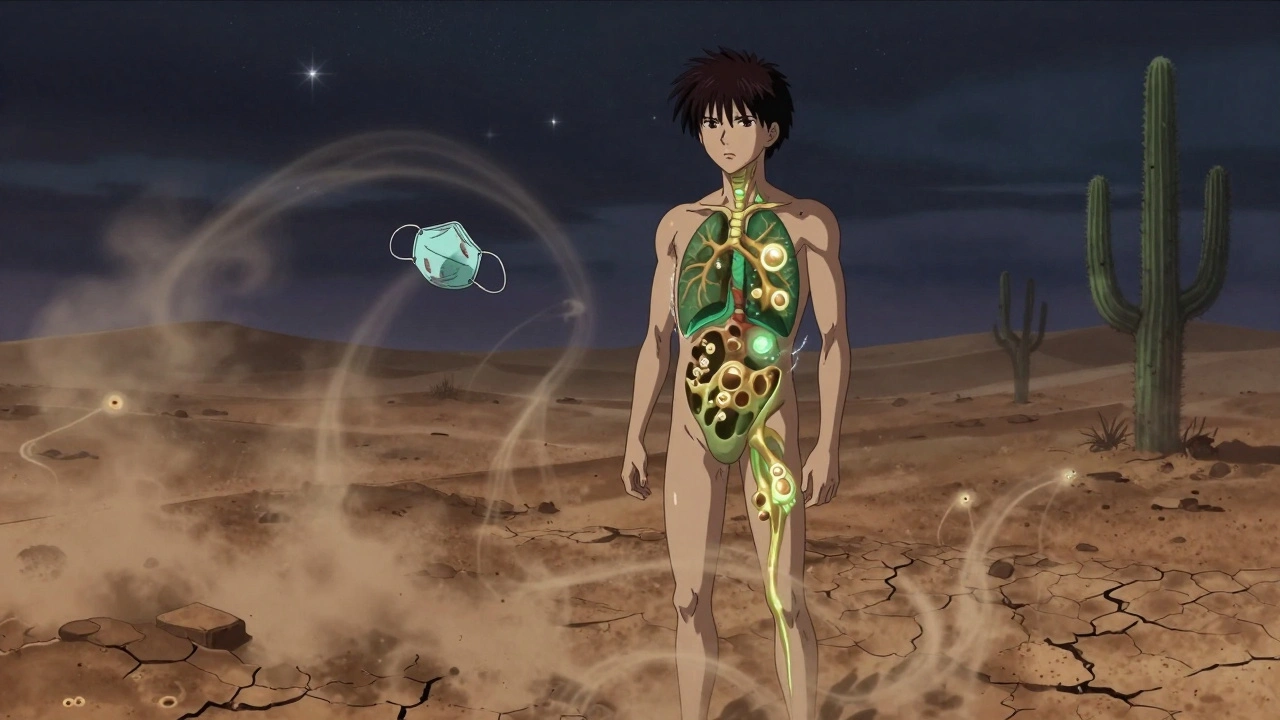 Immunocompromised person surrounded by fungal spores in desert, glowing lung damage visible