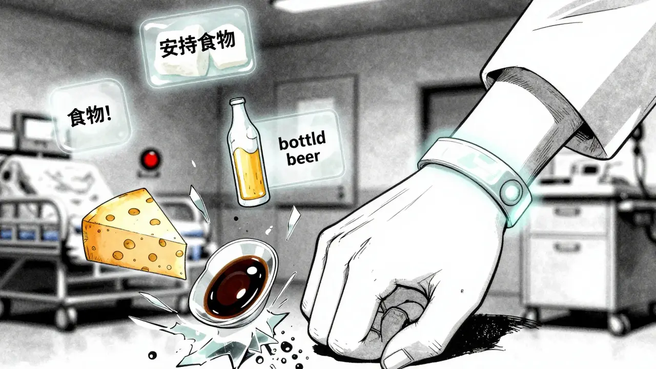 Medical ID bracelet with floating safe foods above, shattered risky foods below.