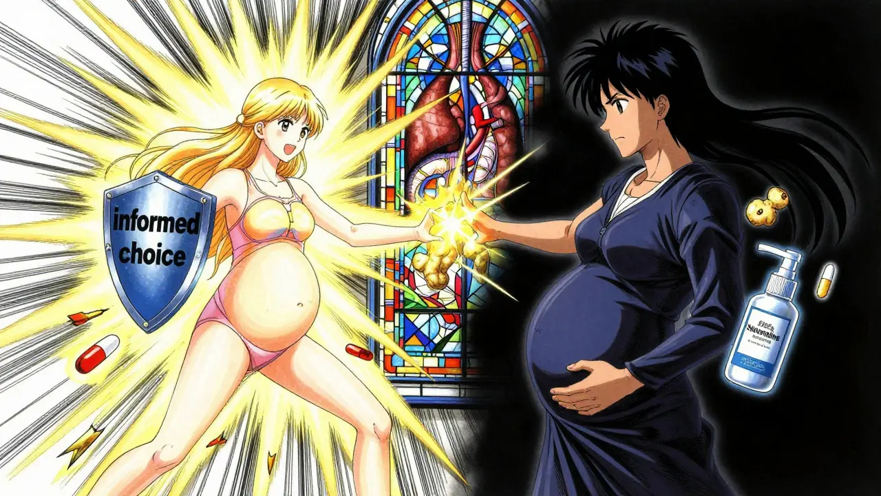 Mother's willpower shielding fetus from dangerous drugs, safe alternatives glowing as allies