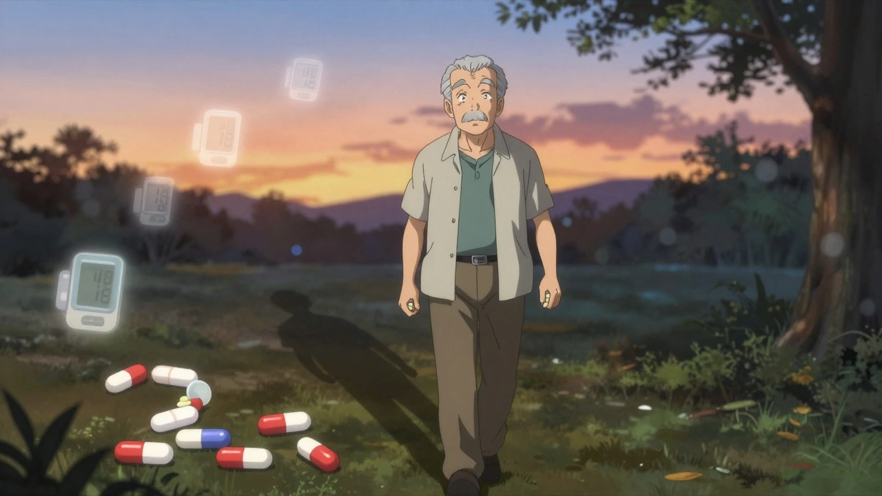 Older man walking in a park holding just two pills, his shadow showing the 11 pills he no longer takes, sunset lighting.