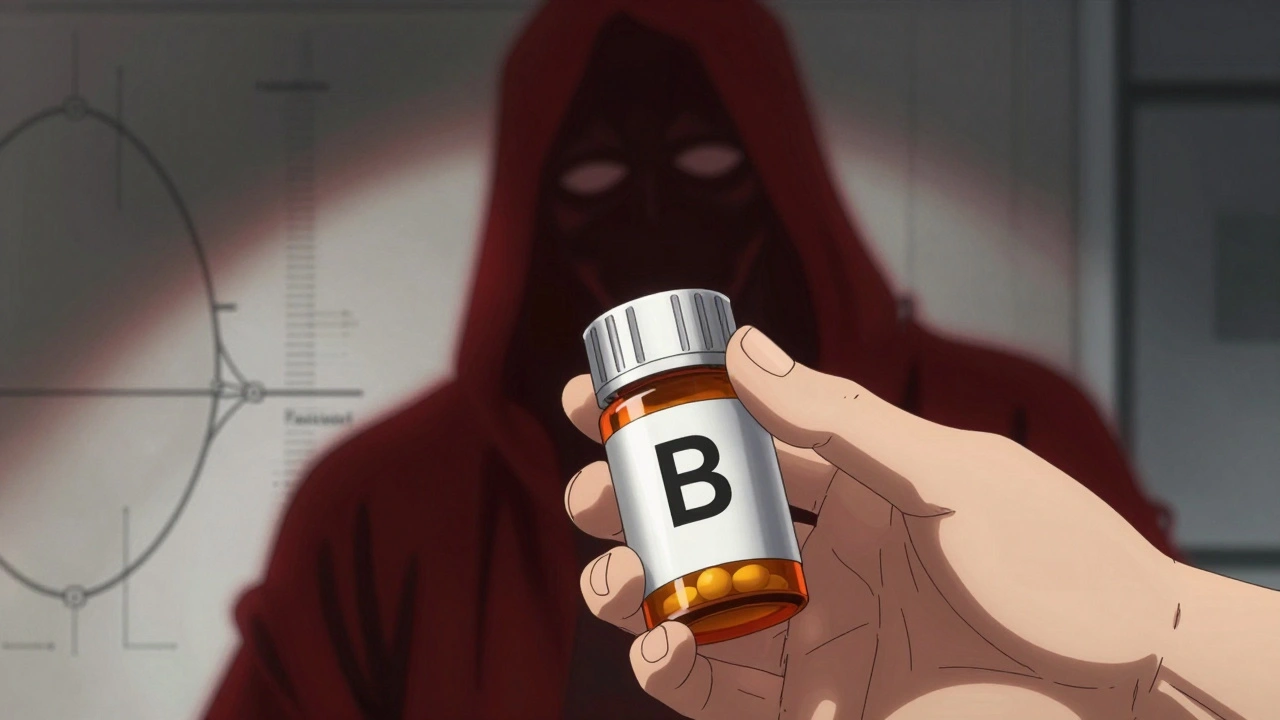 Patient's hand receiving a B-rated generic pill, with a ghostly brand-name drug looming behind.