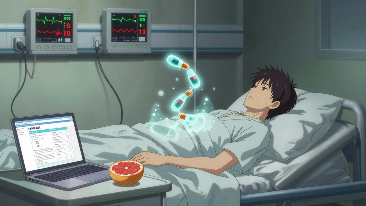 Patient asleep with CBD particles disrupting medication, medical monitors flashing alerts.