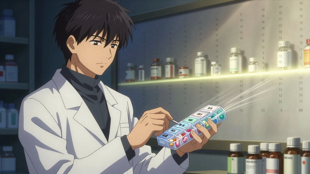 Pharmacist filling a weekly pill organizer with labeled compartments, prescription bottles fading into a timeline in the background.