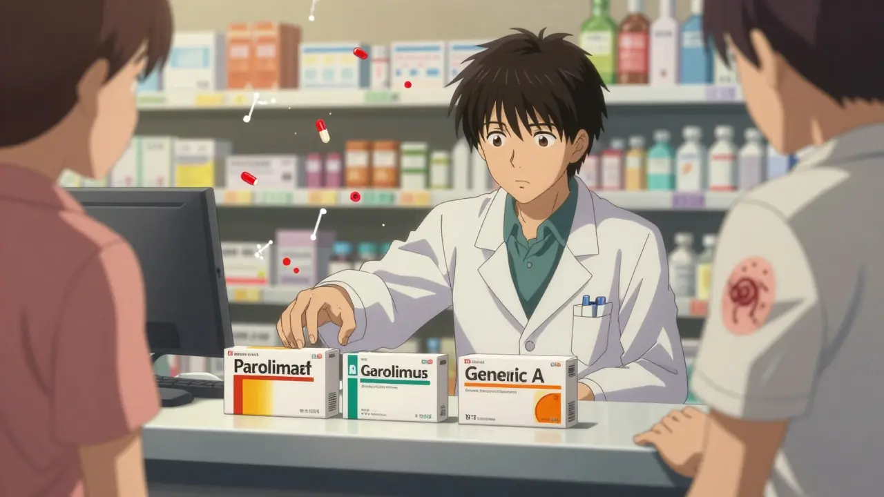 Pharmacist hesitating at a counter between two tacrolimus boxes while a transplant patient watches closely.