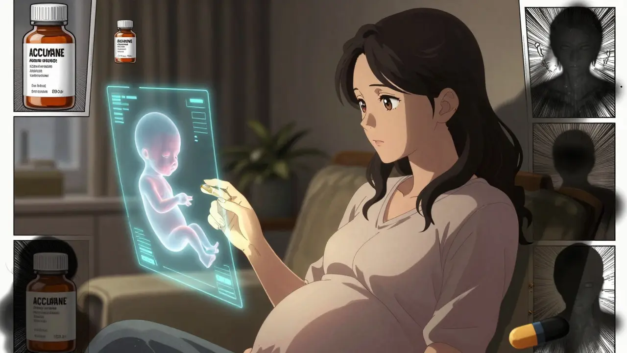 Pregnant woman reviewing holographic medication risks with fetal silhouette beside her