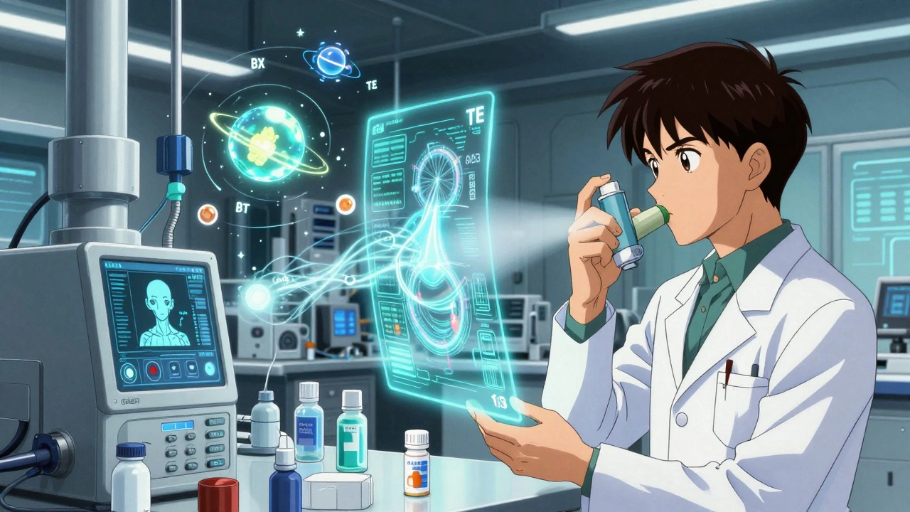 Scientists analyzing holographic TE codes and drug absorption patterns in a high-tech FDA lab.