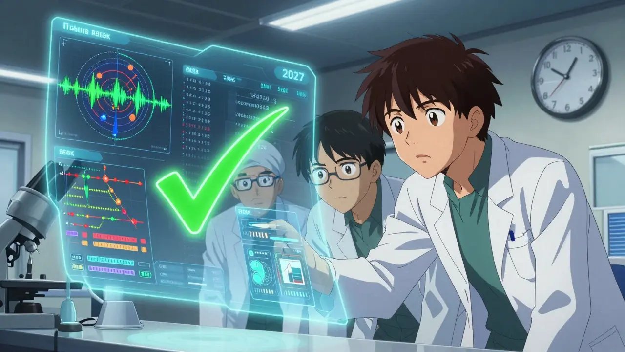 Scientists observe AI holograms analyzing a peptide molecule, with green approval signal glowing ahead.