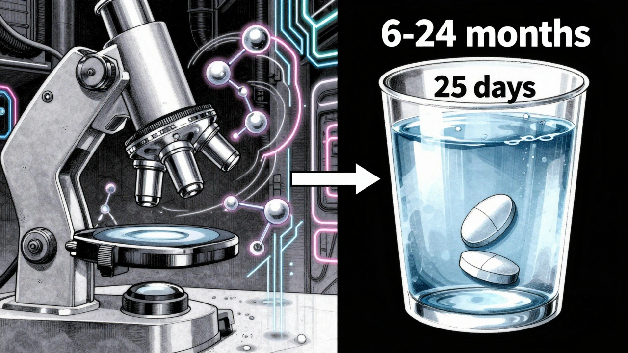 Side-by-side comparison of a complex nasal spray and simple tablet with approval timelines.