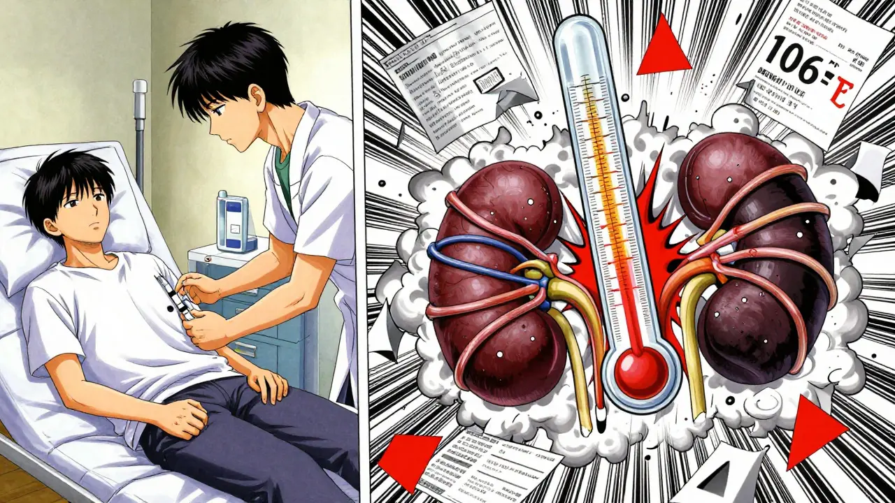 Split-panel explosion showing muscle breakdown and organ failure from medication reaction.