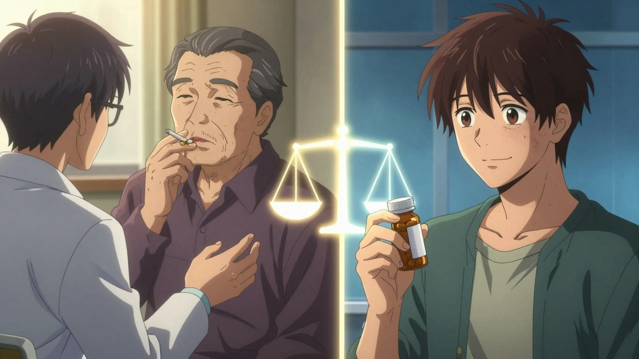 Split scene: one patient safely benefiting from JAK inhibitors, another being advised against them.