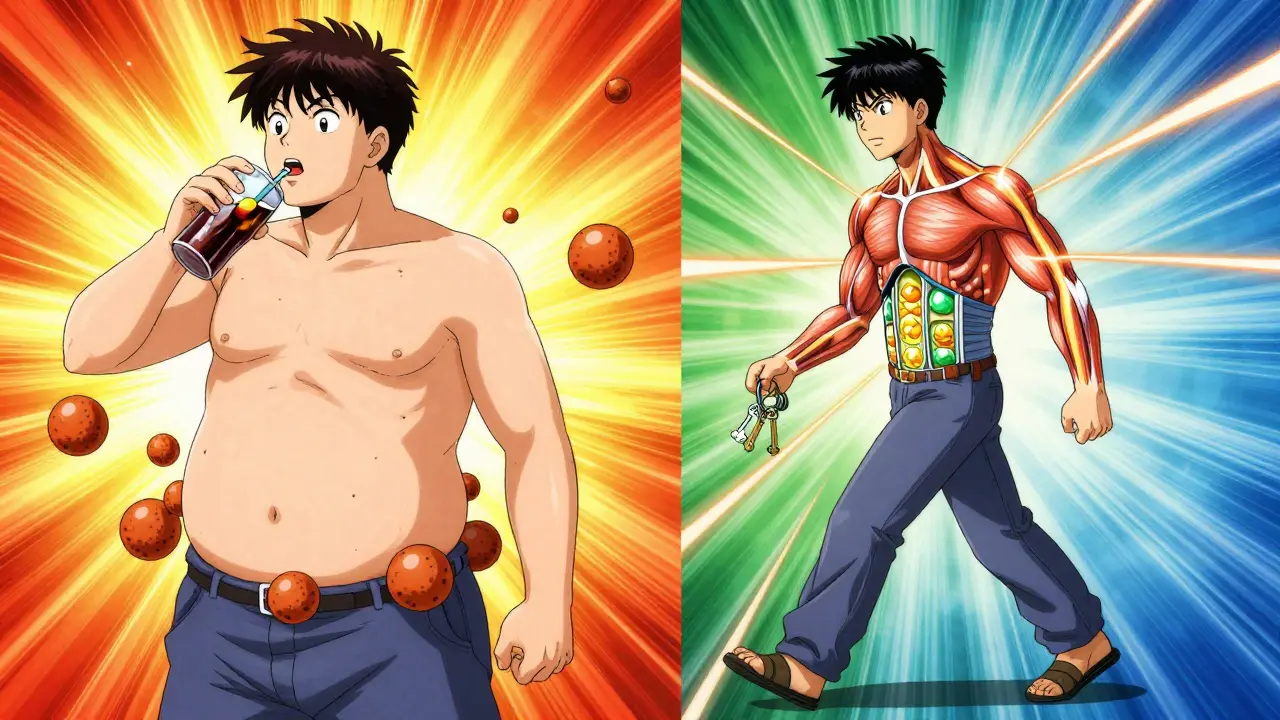 Split scene: person consuming soda versus walking after dinner, with insulin keys unlocking glucose entry into muscle cells.