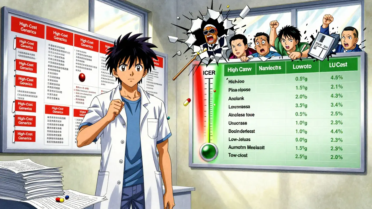 Split scene showing a formulary transformed from high-cost to low-cost generics with a rising ICER meter.