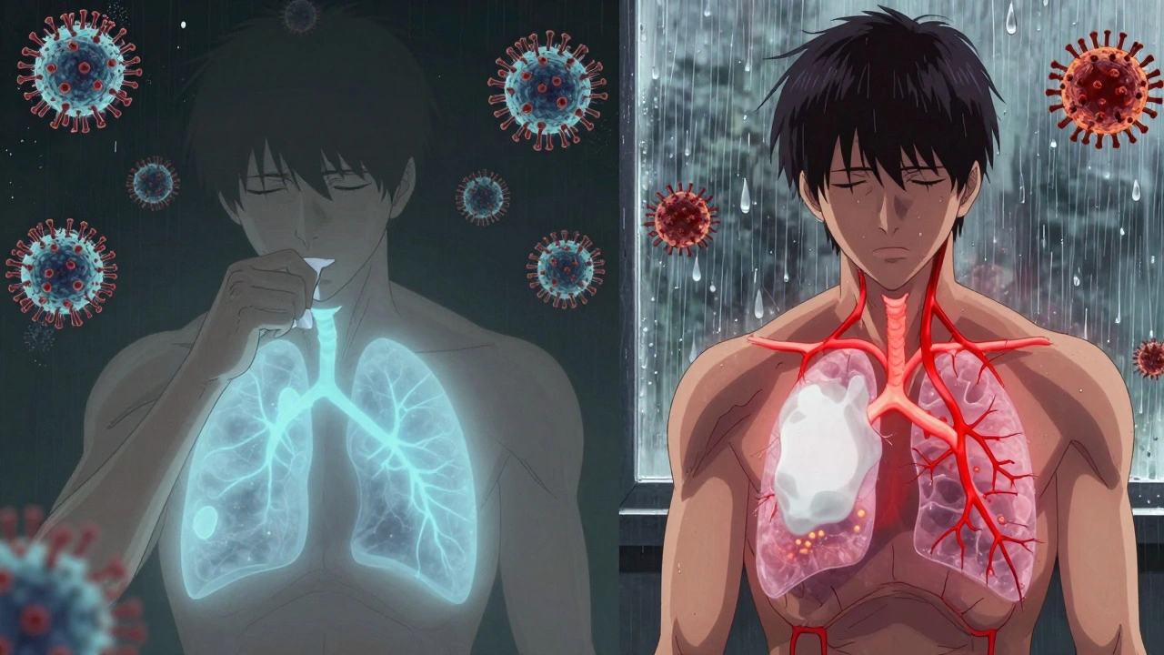 Split scene showing viral pneumonia spreading then secondary bacterial infection developing