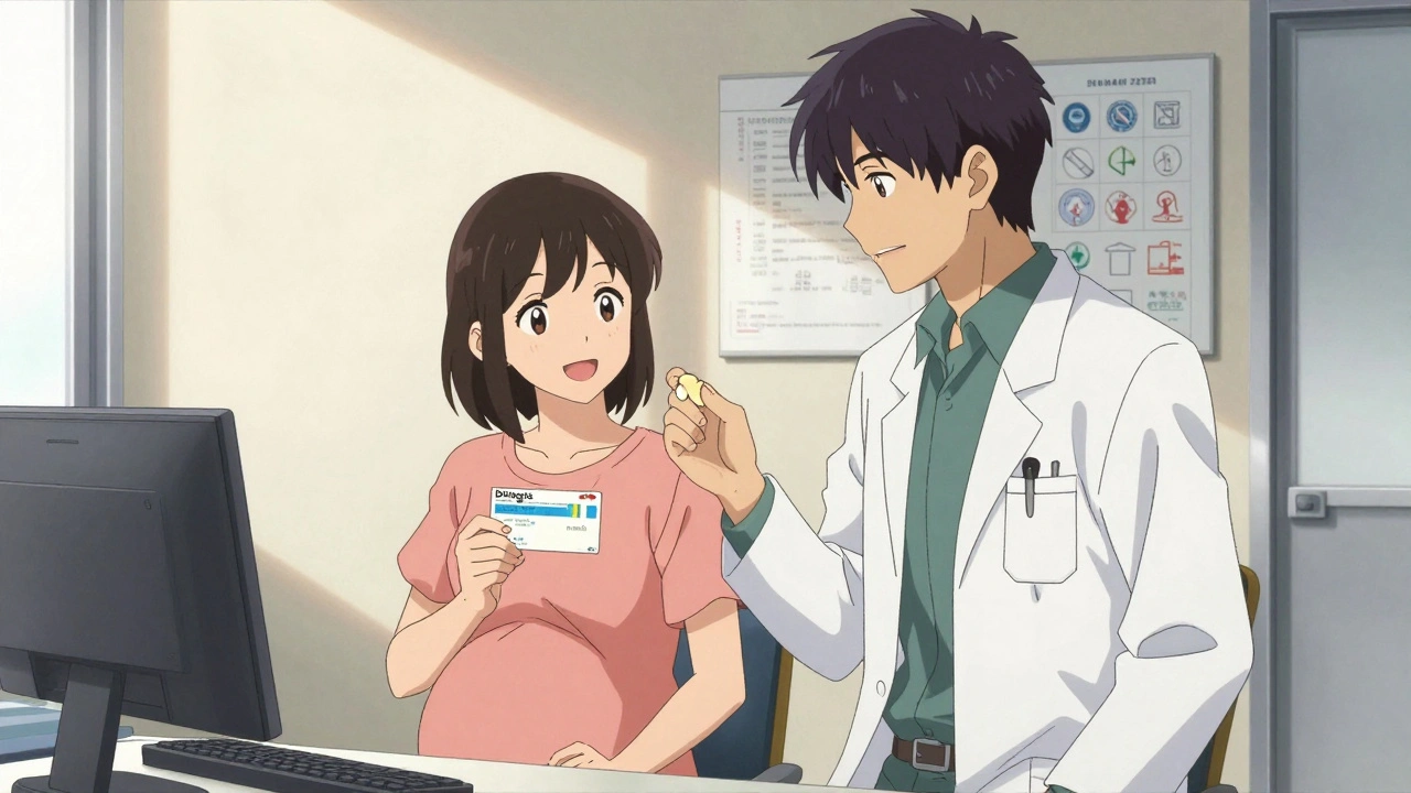 Woman receiving Diclegis prescription from doctor, partner offering ginger chew.