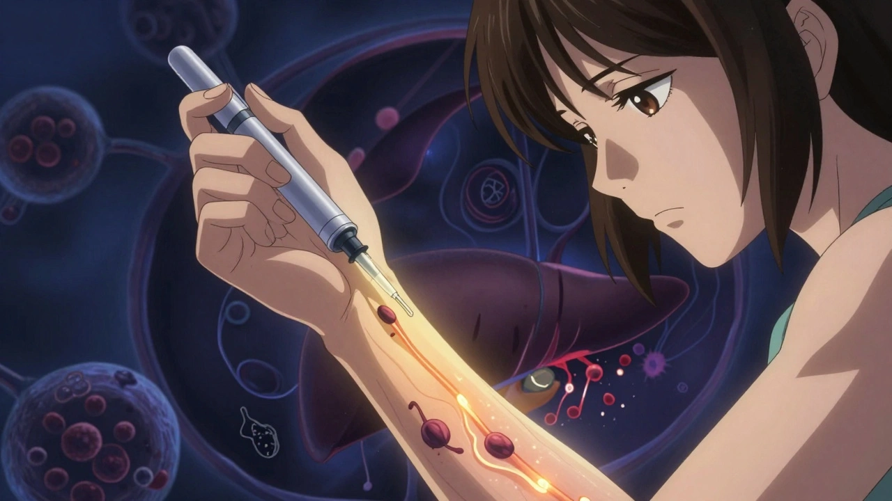 Woman self-administering subcutaneous AAT therapy, with protective proteins flowing into her bloodstream.