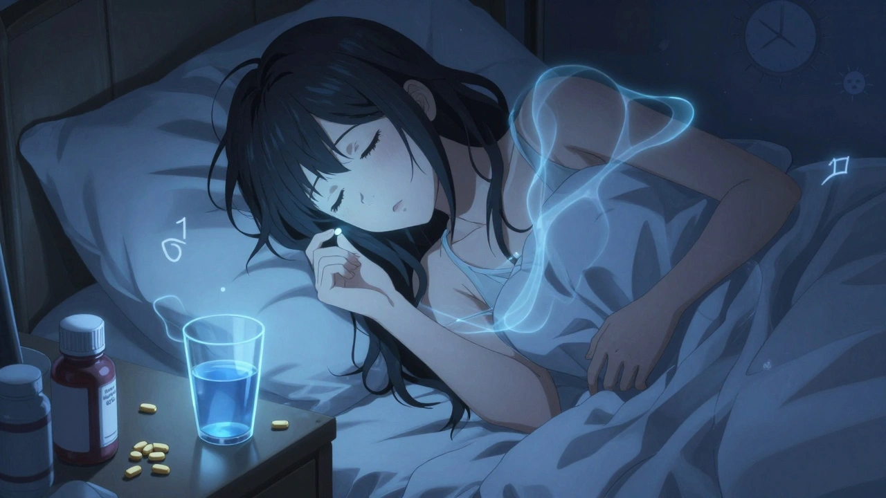 Woman taking doxylamine and B6 at night, moonlight glowing softly around her.