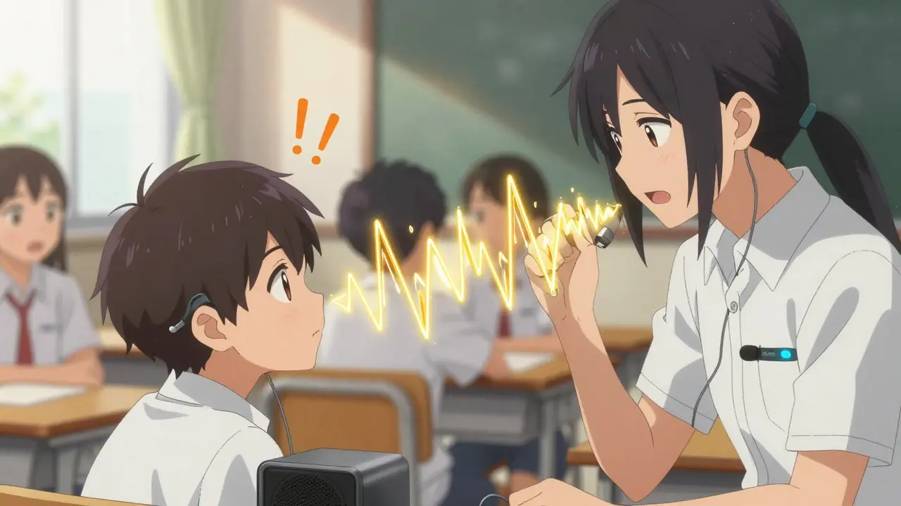 A child in a classroom hears the teacher clearly through a wireless mic, with noise fading as focused sound waves connect them.