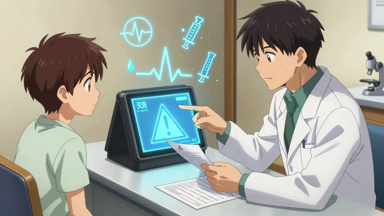 A doctor and patient reviewing a black box warning on a tablet during a clinic visit.