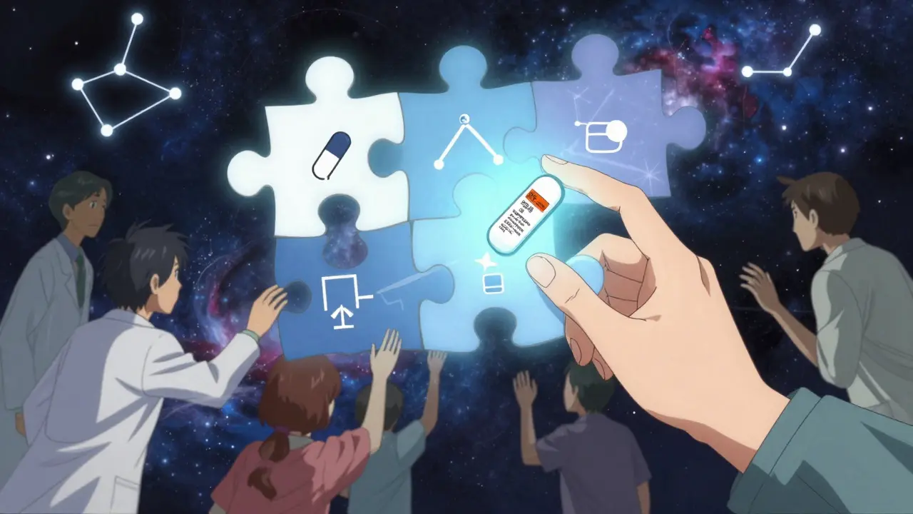 A glowing puzzle of symptoms being completed by patients and doctors, forming a new drug safety label.