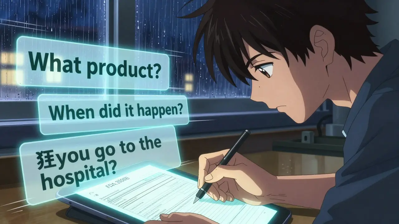 A hand filling out a safety report form with floating digital questions glowing nearby.