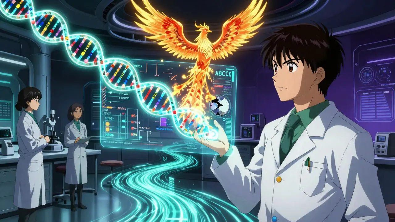 A holographic DNA strand comparing warfarin and apixaban in a futuristic lab, with a phoenix rising above a clock.
