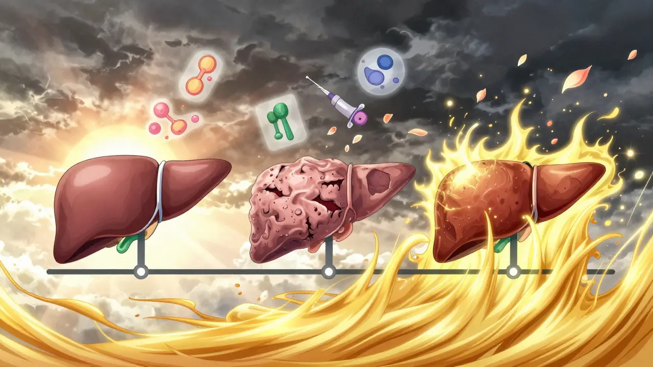 A liver transforming from damaged to healed under a gluten-free diet, surrounded by medical symbols dissolving into light.