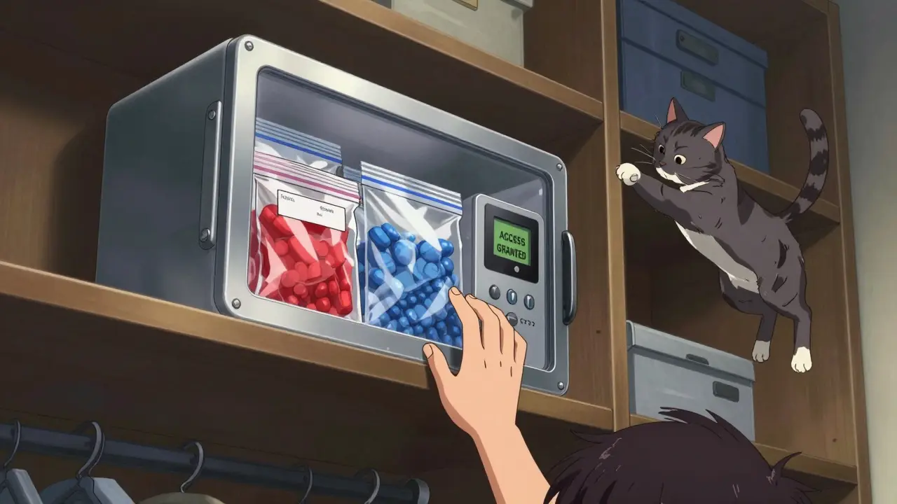 A locked medicine box on a high shelf with labeled compartments for human and pet meds.