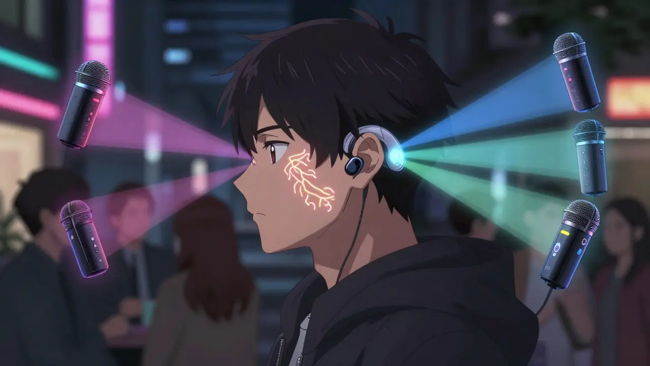 A next-gen hearing aid with built-in mic tech receives multiple speech signals via floating microphones in a group setting.