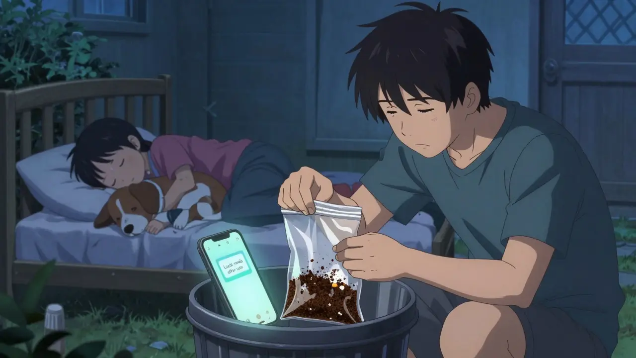 A parent disposing of pills mixed with coffee grounds in an outdoor trash bin at dusk.