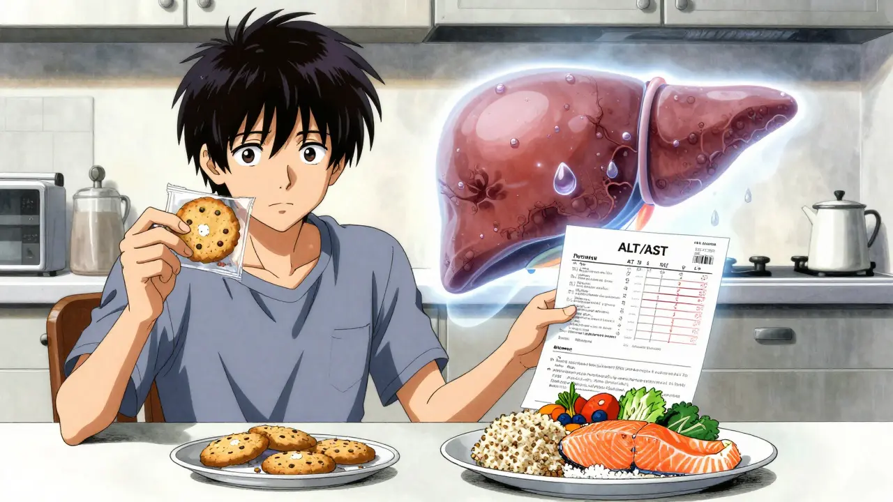 A patient holding a gluten-free cookie while a fatty liver glows behind them, contrasted with healthy whole foods.