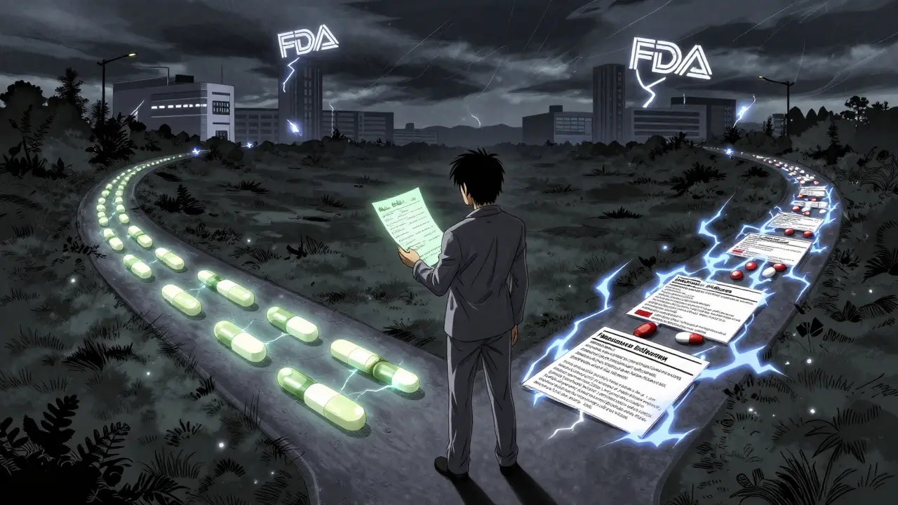 A person at a crossroads choosing between safe and high-risk medications under stormy skies.