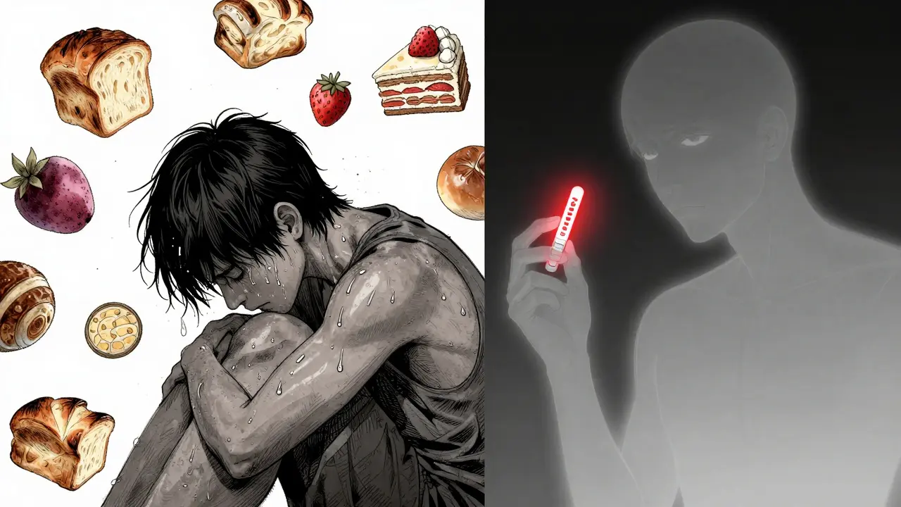 A person suffering from keto flu, surrounded by hallucinations of forbidden foods, with glowing ketone strips in the background.