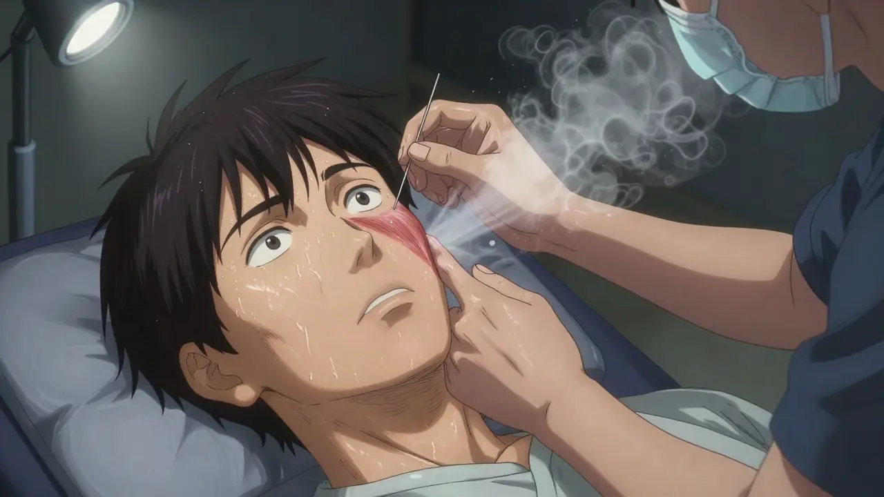 A therapist performing dry needling on a patient's temple with visible muscle twitch.