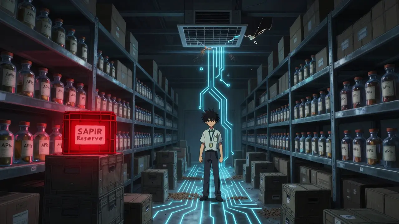 A warehouse of raw pharmaceutical ingredients with only one labeled reserve crate glowing red.