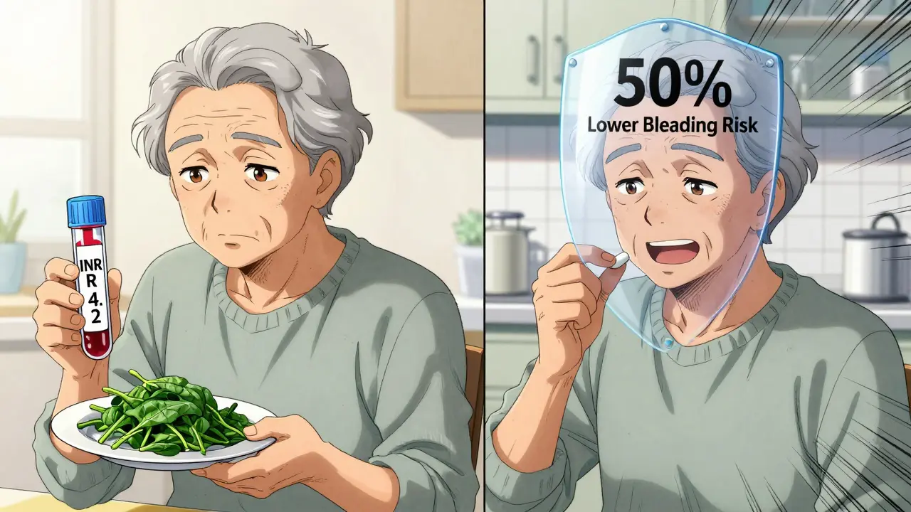 An elderly person choosing between spinach and a pill, with a protective shield symbolizing reduced bleeding risk.