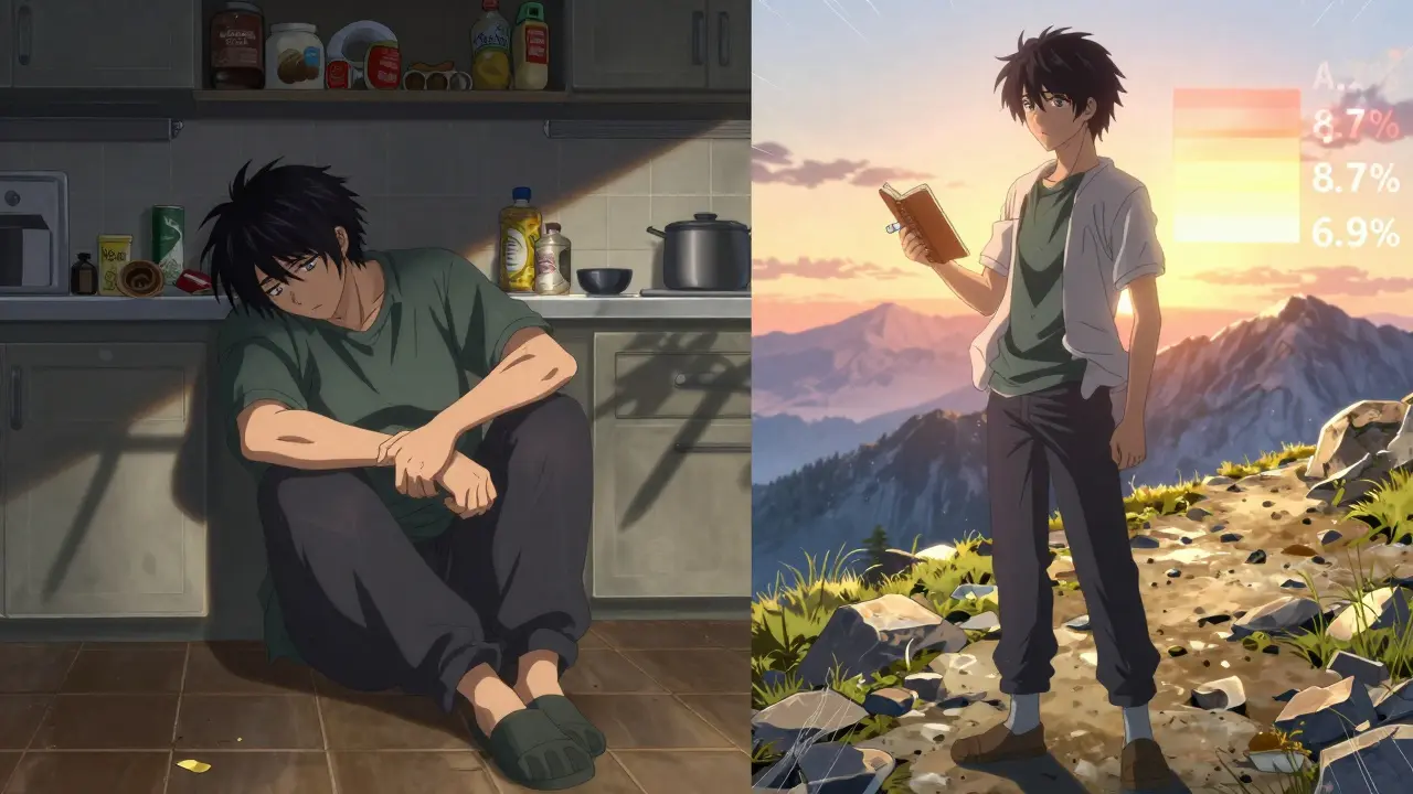 Before and after comparison of a person losing weight, with A1C chart fading behind them