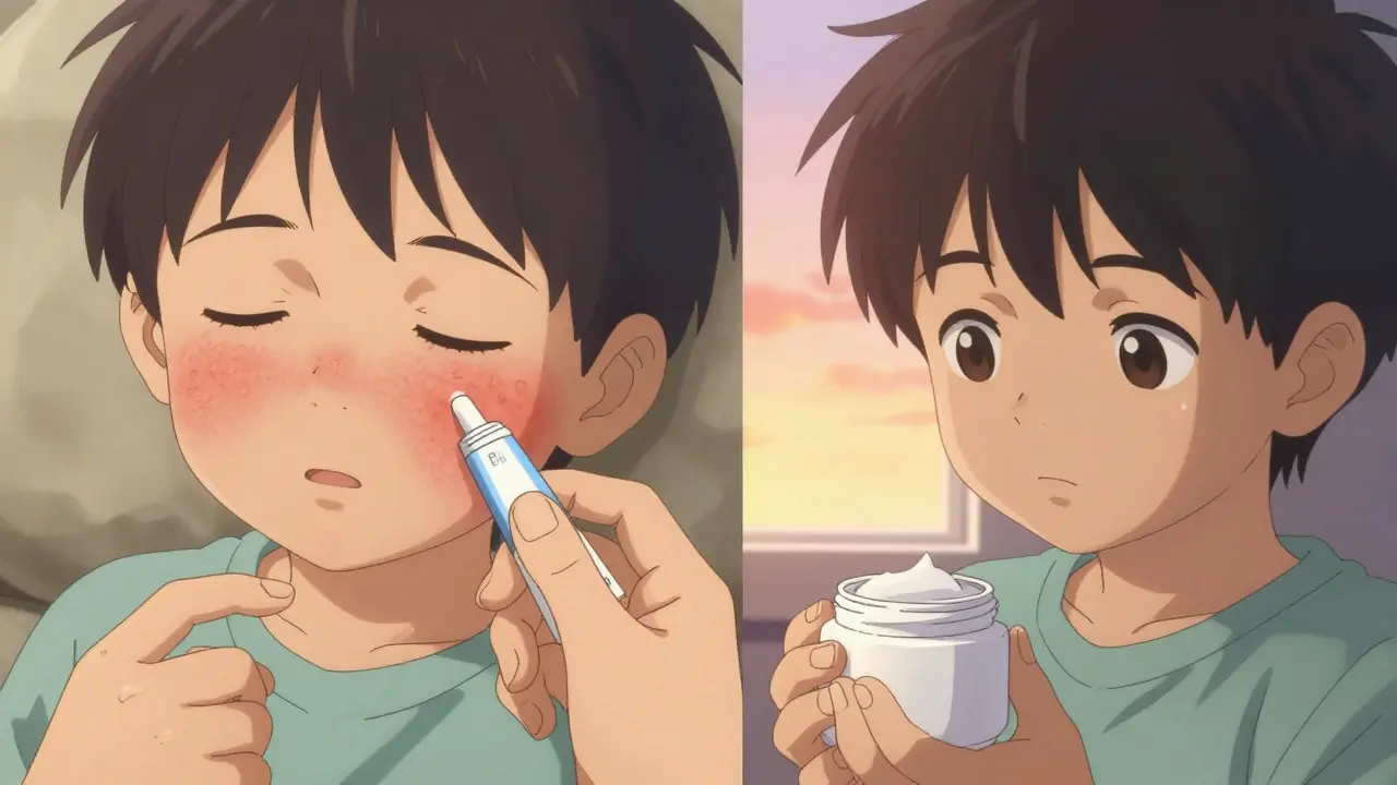 Child with eczema before and after proper steroid use, transitioning to non-steroidal treatment.