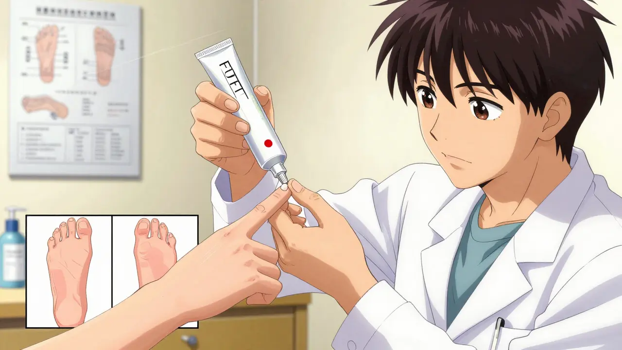 Dermatologist demonstrating the fingertip unit method to measure steroid cream application.