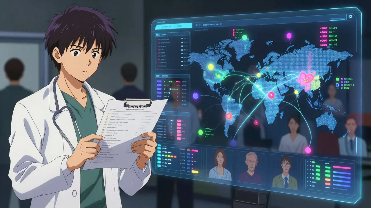 Digital dashboard displaying real-time patient-reported symptoms from around the world, connected by glowing data streams.