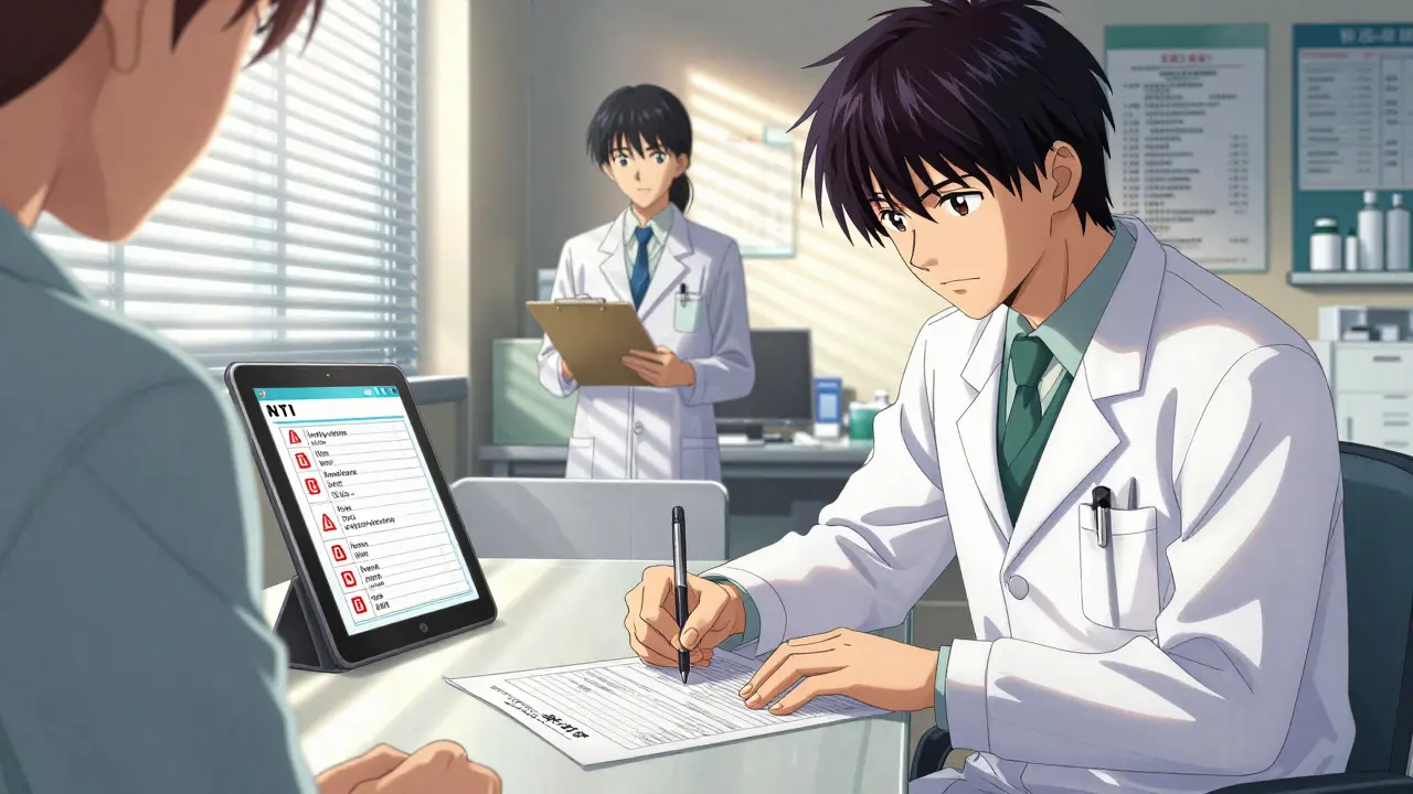 Doctor and patient signing NTI drug consent form, pharmacist nearby, sunlight through blinds.