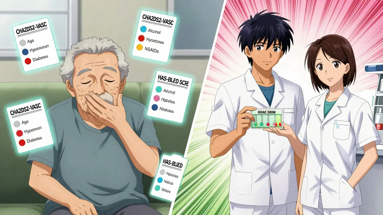 Elderly and younger patients with floating risk score cards, attended by a pharmacist with DOAC timeline.