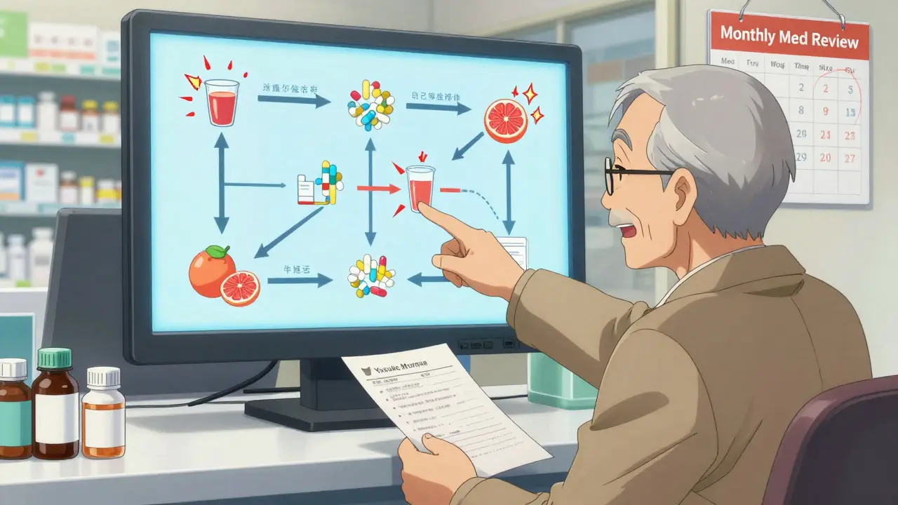 Elderly man at pharmacy with pharmacist showing drug interaction map on screen, printed list in hand.