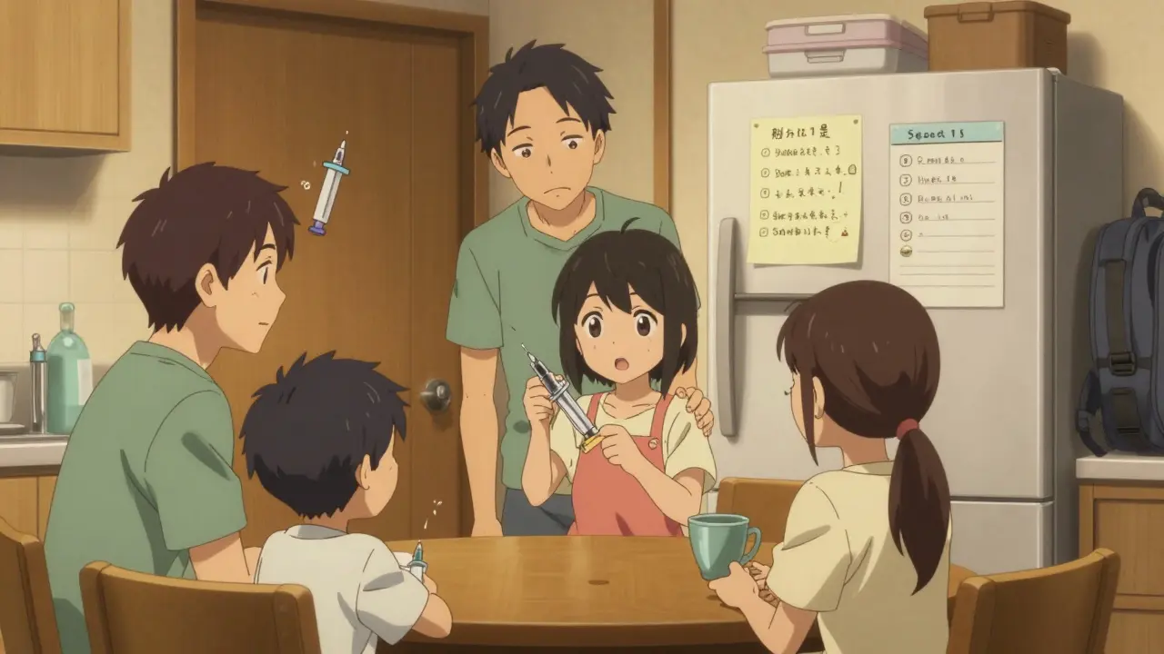 Family practicing epinephrine injector use at kitchen table with instructions on fridge