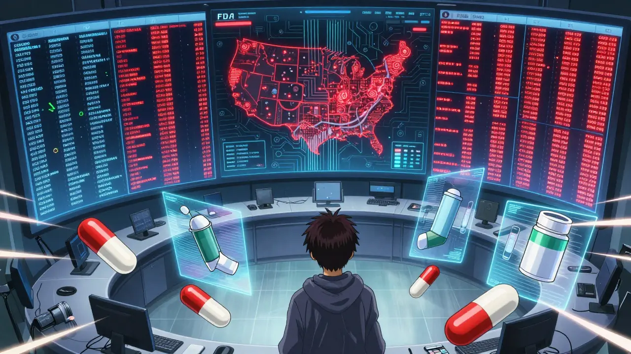 FDA command center dashboard with real-time patient data and AI analysis of generic drugs